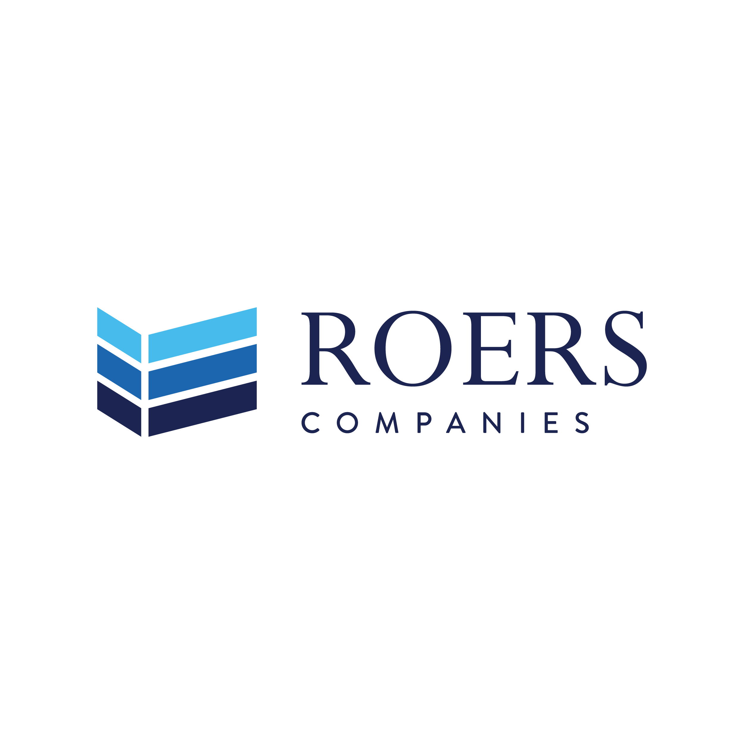 Roers Companies logo featuring a three-tiered blue abstract building icon next to the text.